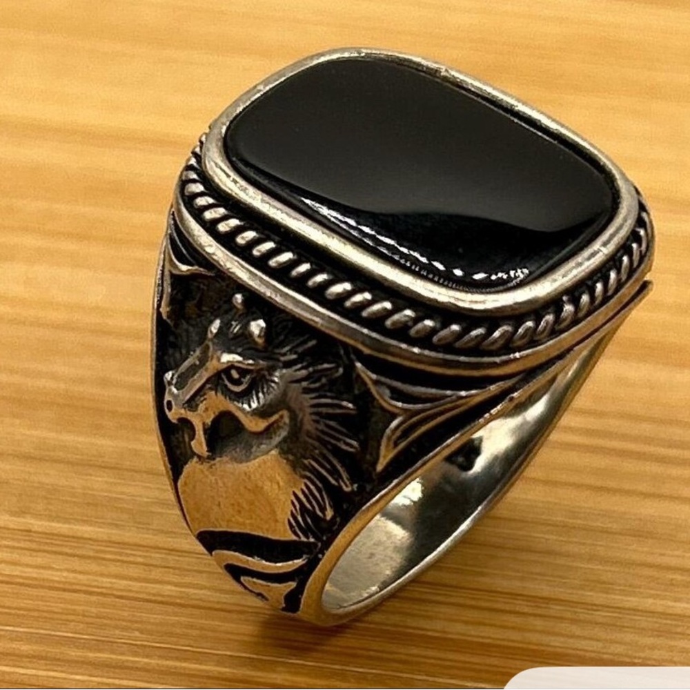 Men's Sterling Silver and Onyx Ring with Horse Design
